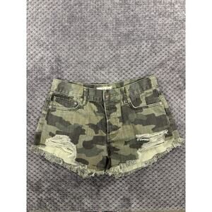 Free People Shorts 25 Camo High Rise Button Fly Distressed Raw Hem Denim Army